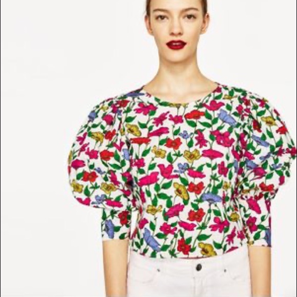 ZARA Floral Puff Sleeve Tie Back Poplin Top